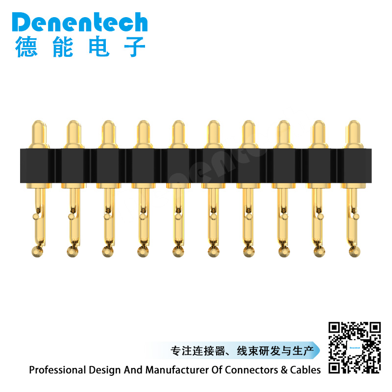 Denentech 2.54MM pogo pin H1.27MM dual row male right angle spring test probe pogo pin connector with peg